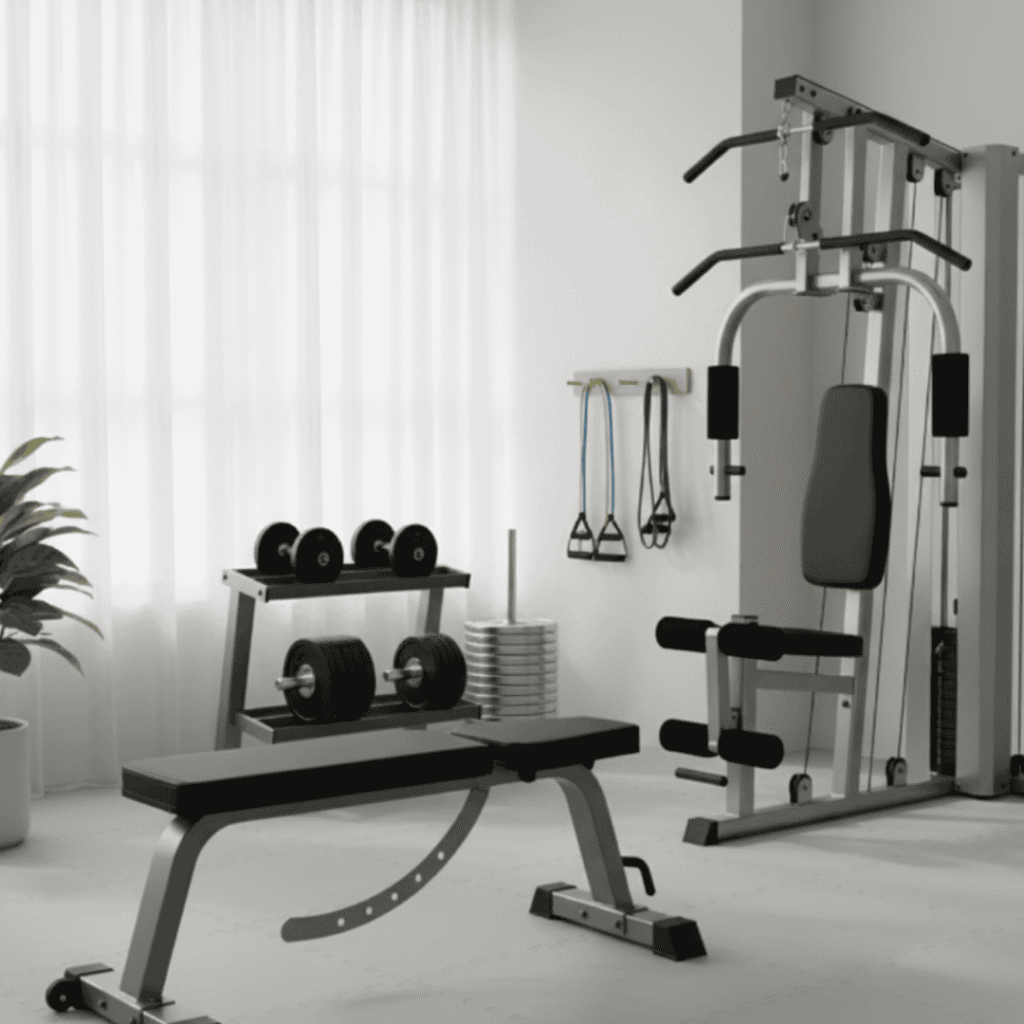 Home gym setup with multi-gym machine, bench, and dumbbells in a clean studio background.