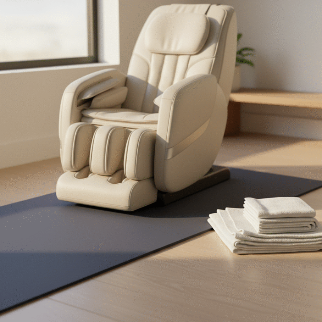 Massage gun, foam roller, and yoga mat arranged in a calm studio setting.